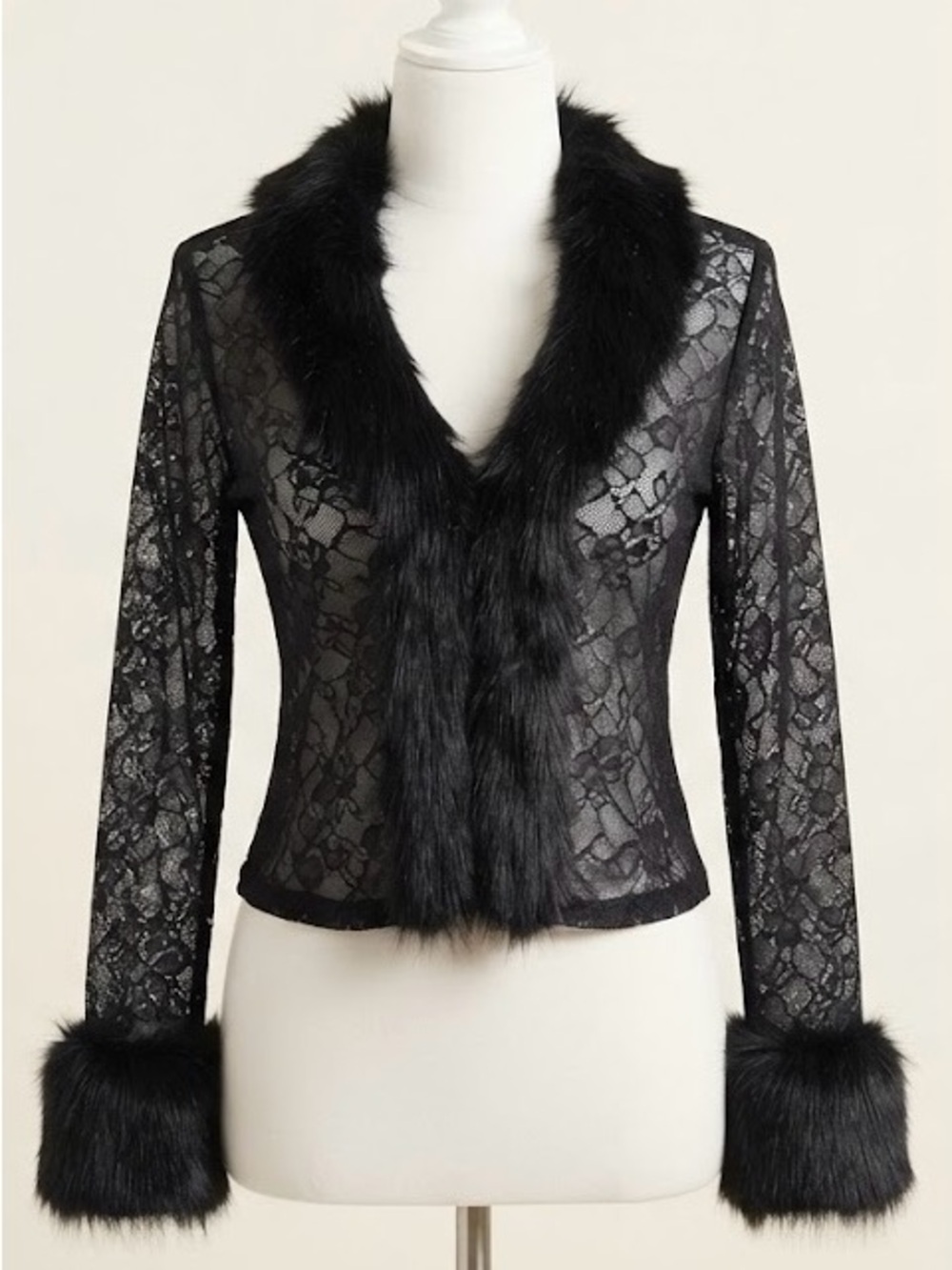 Y2K Whinsygoth Sheer Black Lace Cardigan Fur Trim Top